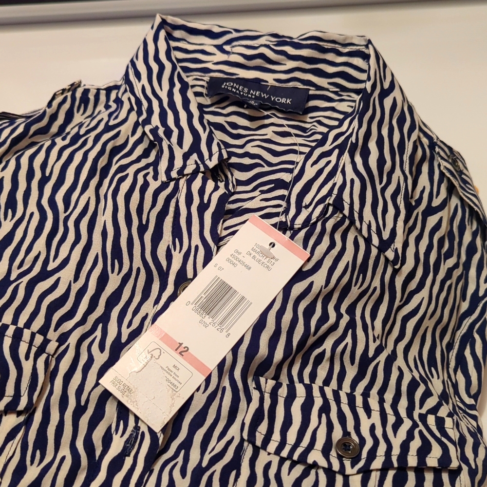 Jones New York Shirt Dress Size 12, Dk Blue (navy)/Ecru